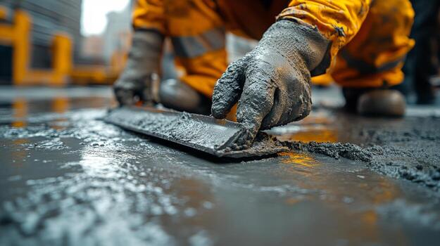 worker applying finishing touches to a smooth concrete surface during evening construction hours free photo